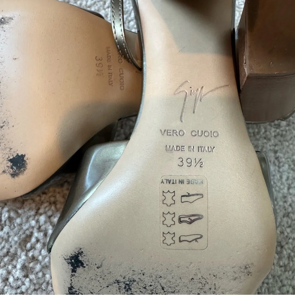Giuseppe Zanotti strapped‎ bronze and wood block heels size 39.5